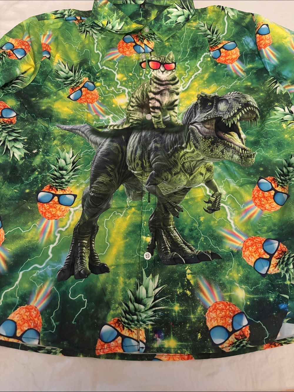Green T-Rex & Cat Print Reptile-Themed Shirt